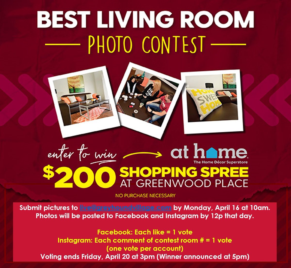 GVatUIndy's tweet photo. Think you have the best living room at Greyhound Village? 

Starting today, email us your best living room picture. 

Voting will start next monday, and the winner will receive a $200 shopping spree to @athomestores! https://t.co/YyfGEBz7af