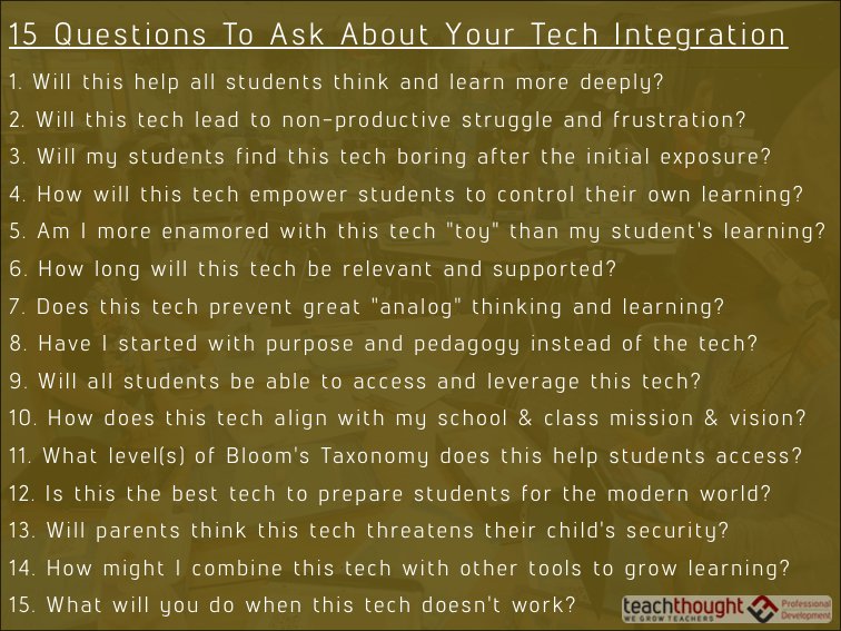 TeachThought's tweet photo. 15 Questions To Ask About Tech Integration In Your Classroom - https://t.co/cvjq72sHVZ https://t.co/AvkW1BDYlh
