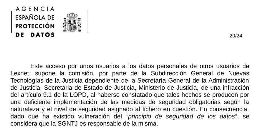 josemuelas's tweet photo. La Agencia Española de Protección de Datos sanciona a la Secretaria de Estado de Justicia por infringir la Ley Orgánica de Protección de Datos en el fallo de seguridad de LexNet de este mes de julio. ¿Alguien se va a hacer responsable? #Escándalo #EscándaloLexNet https://t.co/0saHVWzTFS
