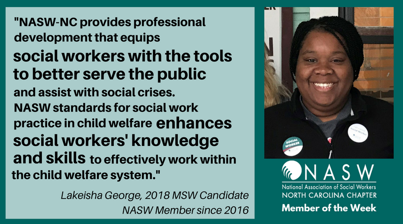 NASWNC's tweet photo. Lakeisha George is a 2018 #MSW candidate at #NCSU. She TAs at the department and interns w @WakeGOV Human Services as a #ChildWelfare #SocialWorker. She desires to make a lasting positive change in the lives of individuals, families, and communities. #SWStandUp https://t.co/zhoo3K8XNS