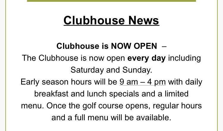 Driving range will open tomorrow!  As noted our clubhouse is open on limited hours until the course opens. #medhat