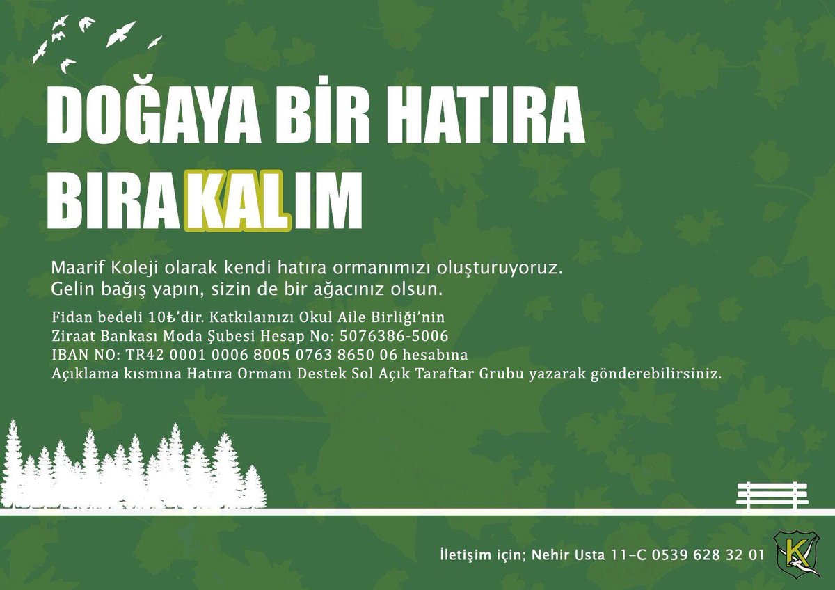 Haydi dayanışmaya! Tüm Fenerbahçelileri Kadıköy’ün gurur kaynağı, dirençli çocukları ,Kadıköy Anadolu  Lisesi öğrencilerinin kurmak istediği hatıra ormanına destek olmaya çağırıyoruz. Fidan başına düşen fiyat 10₺’dir. Hesap bilgisi görselde mevcuttur..