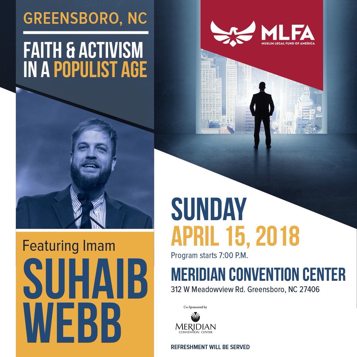 MLFA's tweet photo. 🗓️ This Sunday in Greensboro, NC: An opportunity to support #justice is coming your way! Join MLFA's inspiring event featuring @ImamSuhaibWebb. Get your FREE tickets @ https://t.co/XYMq2Hpmd6 and invite your family and friends. #MakeJusticePossible https://t.co/luFYCUTRIh