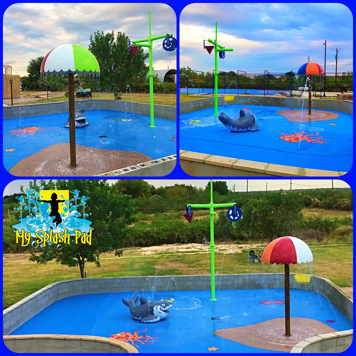 MySplashPad1's tweet photo. Fun themed #splashpad we installed w/ 2 of our #safetysurfaces in Del Rio, TX!Wet zone has fall rating&amp;dry zone is colorful anti-slip.This pad will keep kids cool&amp;entertained during the hot months&amp;includes our Triple Fun Shark&amp;Umbrella Water Play Features! https://t.co/BoBuEom1Sr https://t.co/YUjdhdTTNE