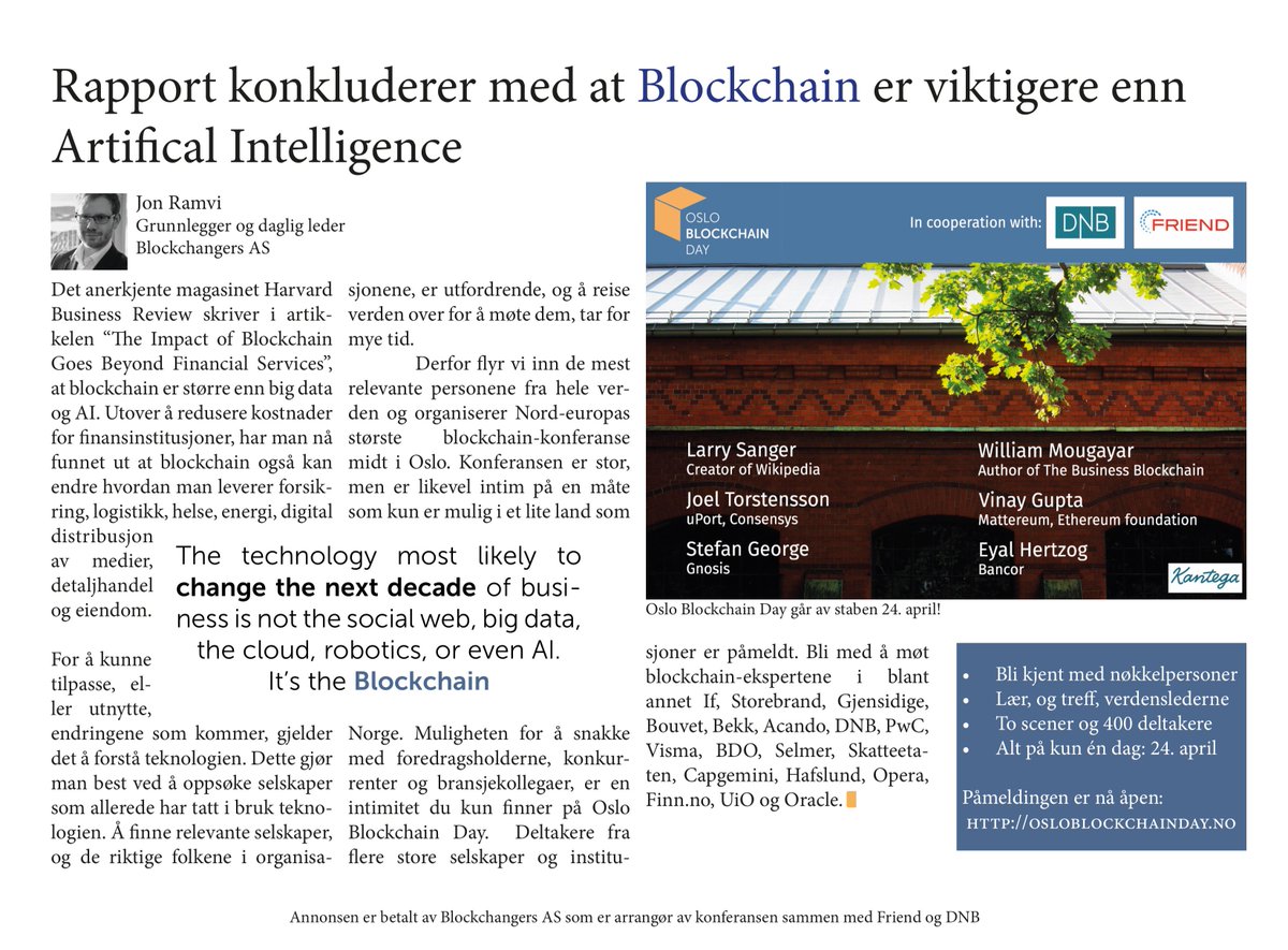 blockchangers's tweet photo. Idag har vi lagt ut et sponset innlegg i Finansavisen, siden Facebook blokkerer alt som har med blokkjeder å gjøre. Finansavisen hadde også en stor og detaljert artikkel om blokkjeder i lørdagens utgave. Anbefales på det sterkeste! #OBD18 #blockchangers @Finansavisen https://t.co/NRXIG2zeZR
