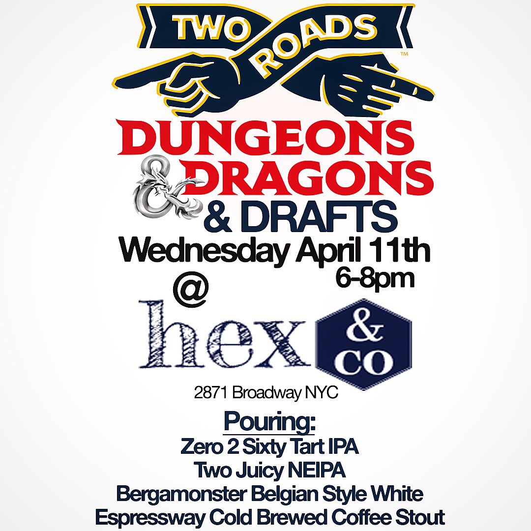 2RoadsJosh's tweet photo. Get ready for a super sweet night of cards, beers, dungeons, & dragons at @HexAndCompany on the UWS! #twojuicy #zero2sixty #bergamonster #espressway #dungeonsandsragons https://t.co/PIXyZleaQt