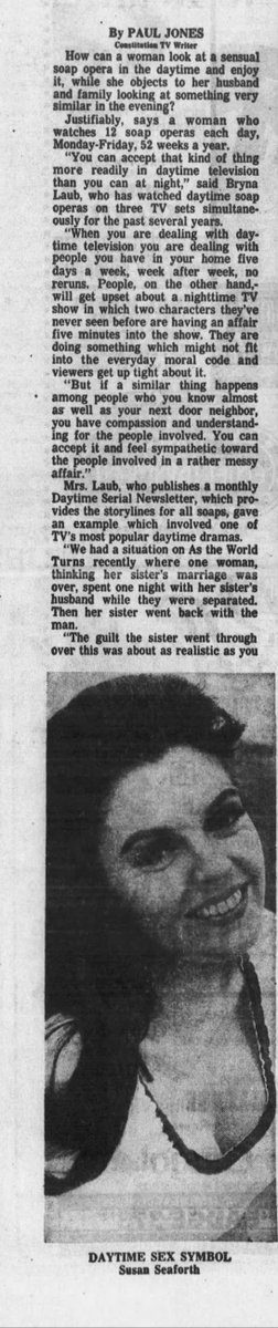 jam6242's tweet photo. October 1974 interview with Bryna Laub, publisher of Daytime Serial Newsletter. She discusses the way Bill Bell wrote for Julie (Susan Seaforth Hayes) on #Days. Also info re #ATWT #HTSAM #Somerset #RTPP https://t.co/5GjTrqJjT3