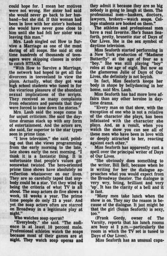 jam6242's tweet photo. October 1974 interview with Bryna Laub, publisher of Daytime Serial Newsletter. She discusses the way Bill Bell wrote for Julie (Susan Seaforth Hayes) on #Days. Also info re #ATWT #HTSAM #Somerset #RTPP https://t.co/5GjTrqJjT3