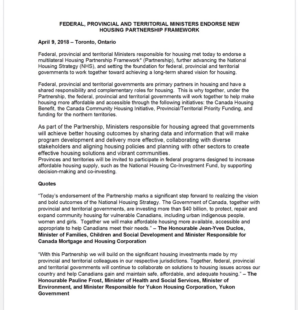 pedrobarataTO's tweet photo. BREAKING: Historic Canada affordable housing agreement aligns fed/provincial/territorial govs on shared outcomes re core housing need. Includes cost-sharing for new portable housing benefit &amp; renewed strategy for supply &amp; repairs. Kudos @jyduclos @PeterMilczyn #LetsTalkHousing https://t.co/TUDnxUvews
