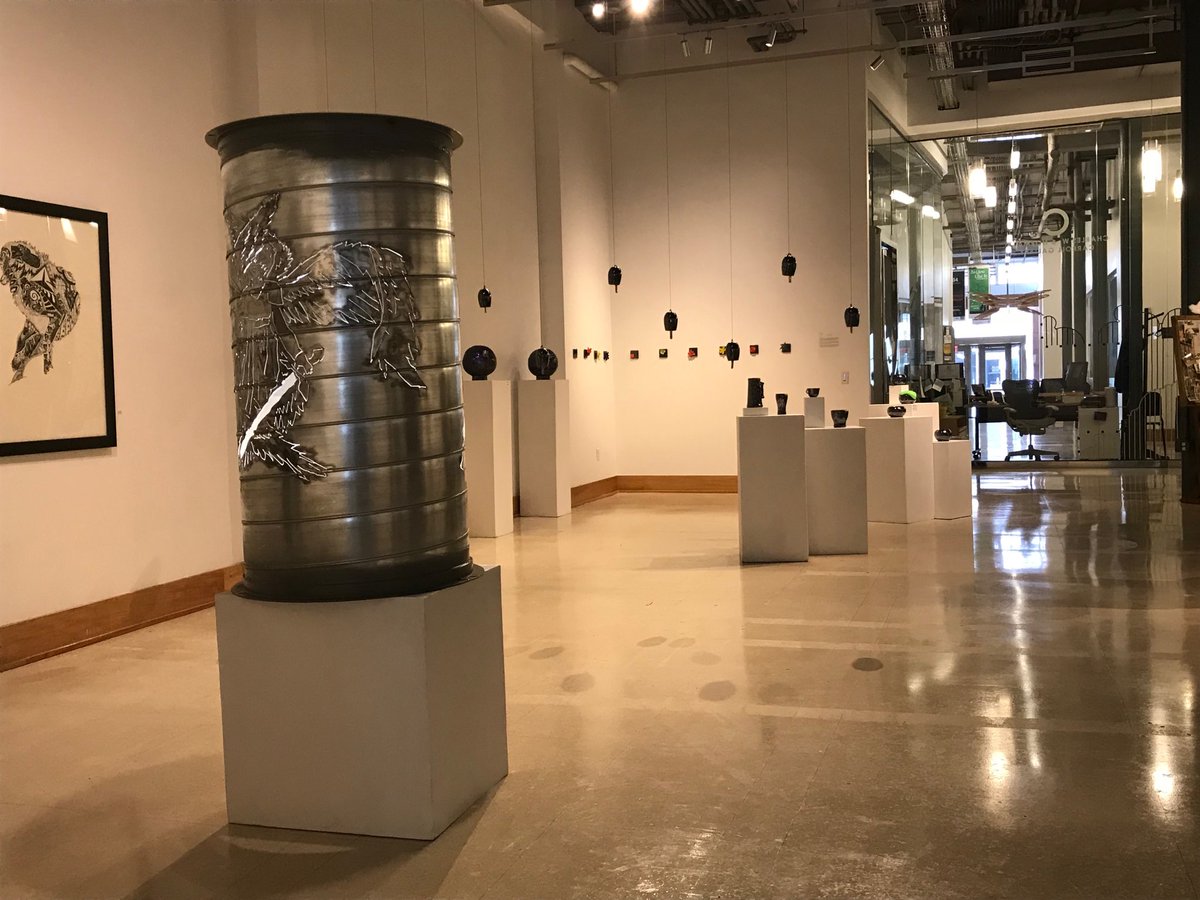 muartanddesign's tweet photo. Capstone exhibition reception at the VAC 4-6 pm today, artist talks at 5. The work includes plasma-cut metal sculptures, video, derby ladies’ portraits, mixed media, pyrography, and ceramics for the senses. https://t.co/WqPEkJDvdu