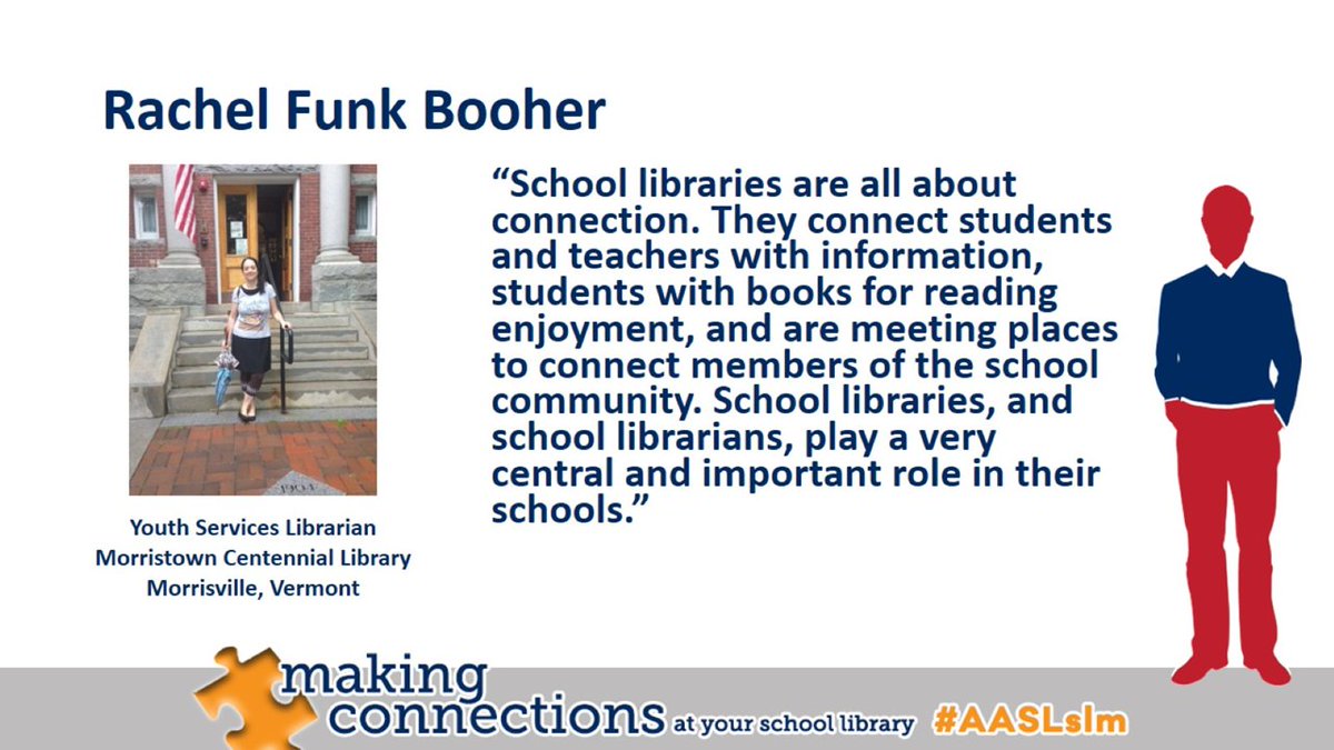 aasl's tweet photo. “School libraries are all about connection. They connect students and teachers with information, students with books for reading enjoyment, and are meeting places to connect members of the school community." Rachel Funk Booher, Youth Services Librarian #AASLslm #slm18 https://t.co/DlK7RYQo2i
