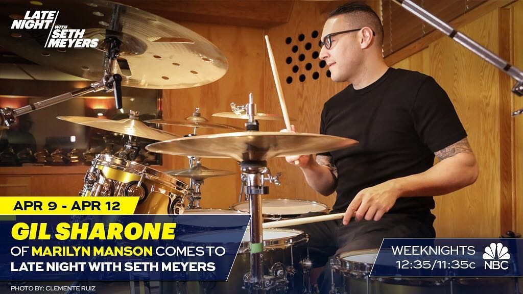 remopercussion's tweet photo. Check out #teamremo artist @gilsharone sitting in as the guest drummer on @latenightseth this week! #latenightwithsethmeyers #8gband #nbc #marilynmanson More info on Gil: https://t.co/B5k6WNVZJo https://t.co/iB58BkV45o