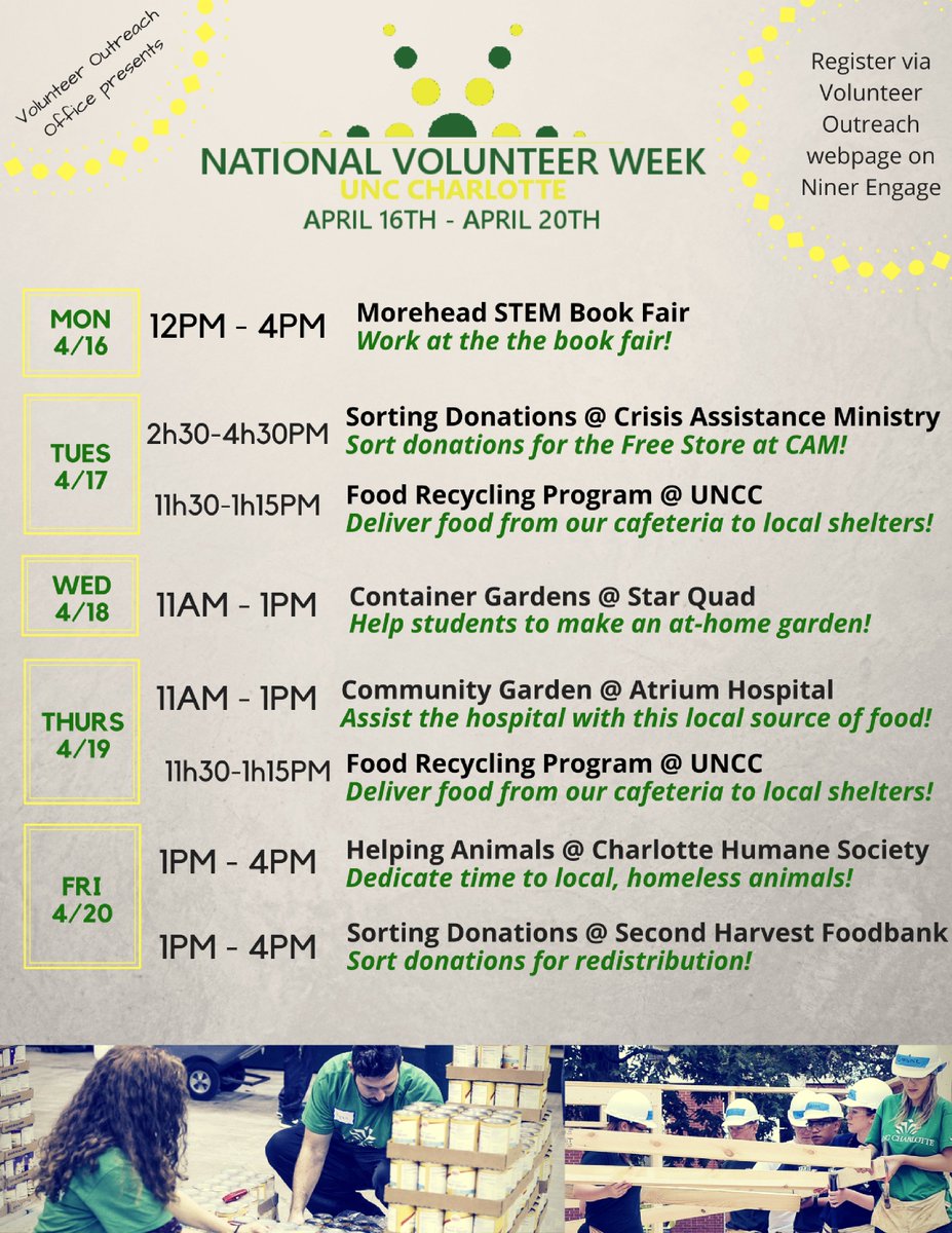 Get ready for National Volunteer Week 2018! Great community service opportunities to stake your claim! Go to ninerengage.uncc.edu/organization/v… to RSVP