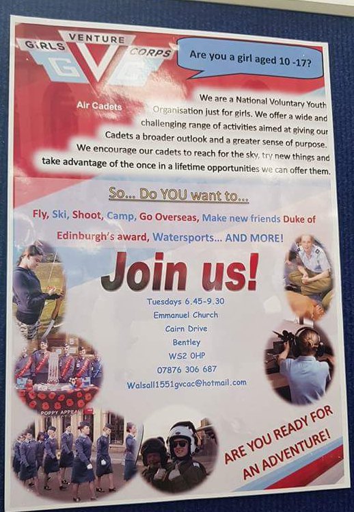 GVCAC_WALSALL's tweet photo. @WalsallYouth 

We are currently recruiting new Junior Cadets (8-10) and Senior Cadets (11-17). So if you know a girl aged between 8 and 17 and looking for a new challenge come along. 

All girls welcome! ✈ https://t.co/9aaHER9QM6