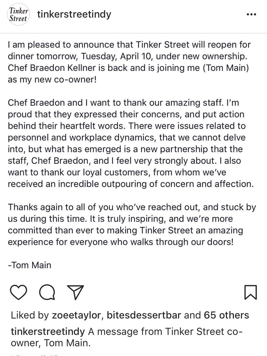 EatsWithMichael's tweet photo. Update: Tinker Street issues full statement, including announcement of a new ownership structure. Braedon Kellner to return as chef. https://t.co/tt2X6bslnA
