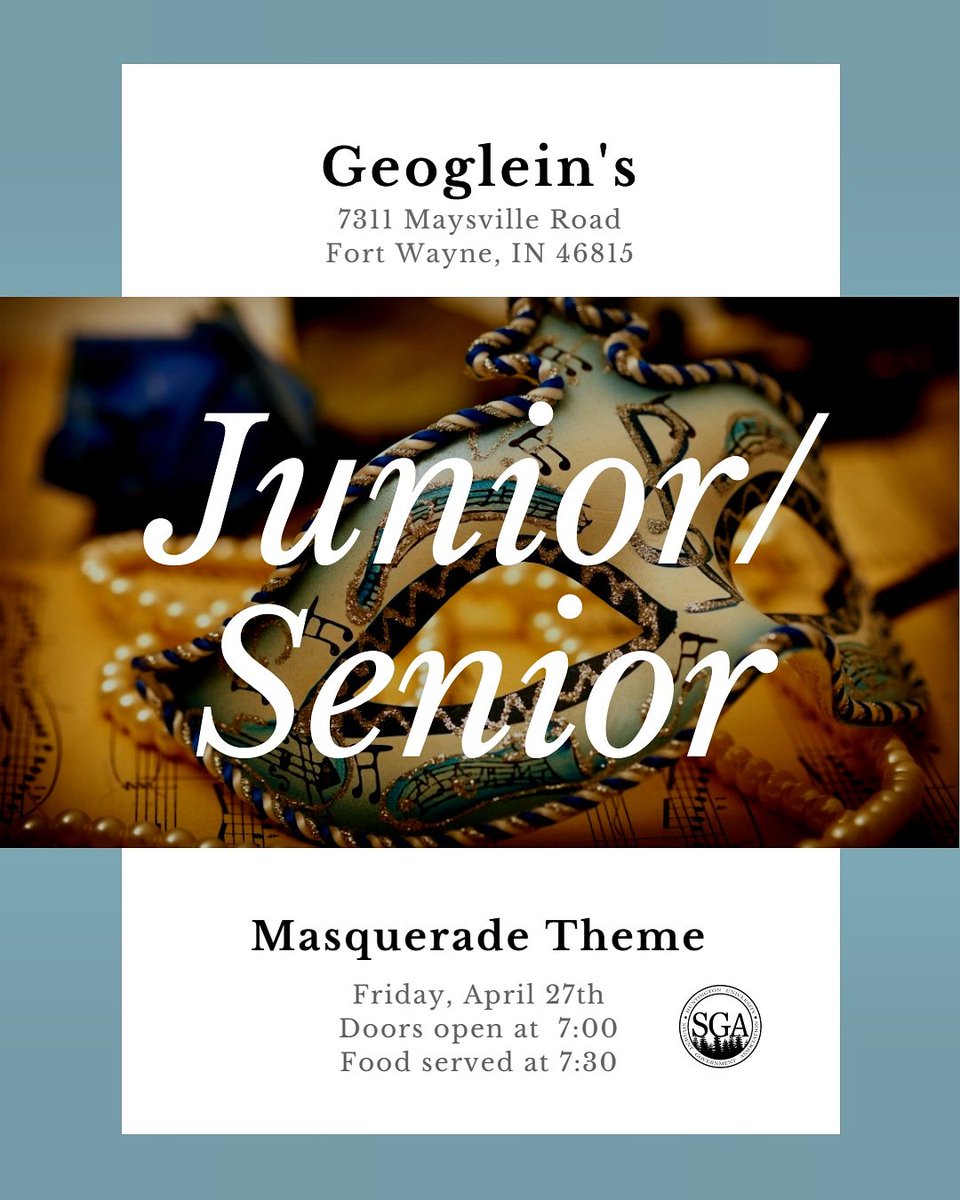 SGAHuntington's tweet photo. Junior Senior will be held on Friday, April 27th at 7pm at Geogleins! This year’s theme will be masquerade (prize for best homemade mask!) Tickets will be sold in the DC from April 16th-26th for $25. Prepare your best mask, and practice your dance moves – we can't wait!! https://t.co/Rpqt1Gwa1F