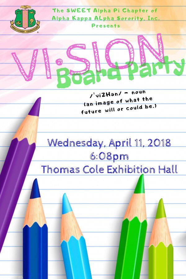 xMercedesPaetn's tweet image. Join the &quot;Sweet&quot; Alpha Pi chapter of  Alpha Kappa Alpha Sorority, Incorporated to create vision boards to shine a light on self-development this upcoming Wednesday, April 11,2018 at 6:08 pm in Thomas Cole Exhibition Hall. Book-bag donations are accepted.  #SweetAlphaPi #CAU