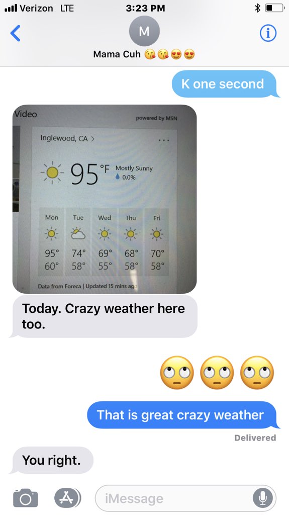 RheyaSpigner's tweet image. Here’s a screen shot of a convo between my mom and I about the “crazy weather” in California...

 “not to rub It in tho” ... really? thanks mom 😂🙄 #wejusthadsnow #okmom #calisun