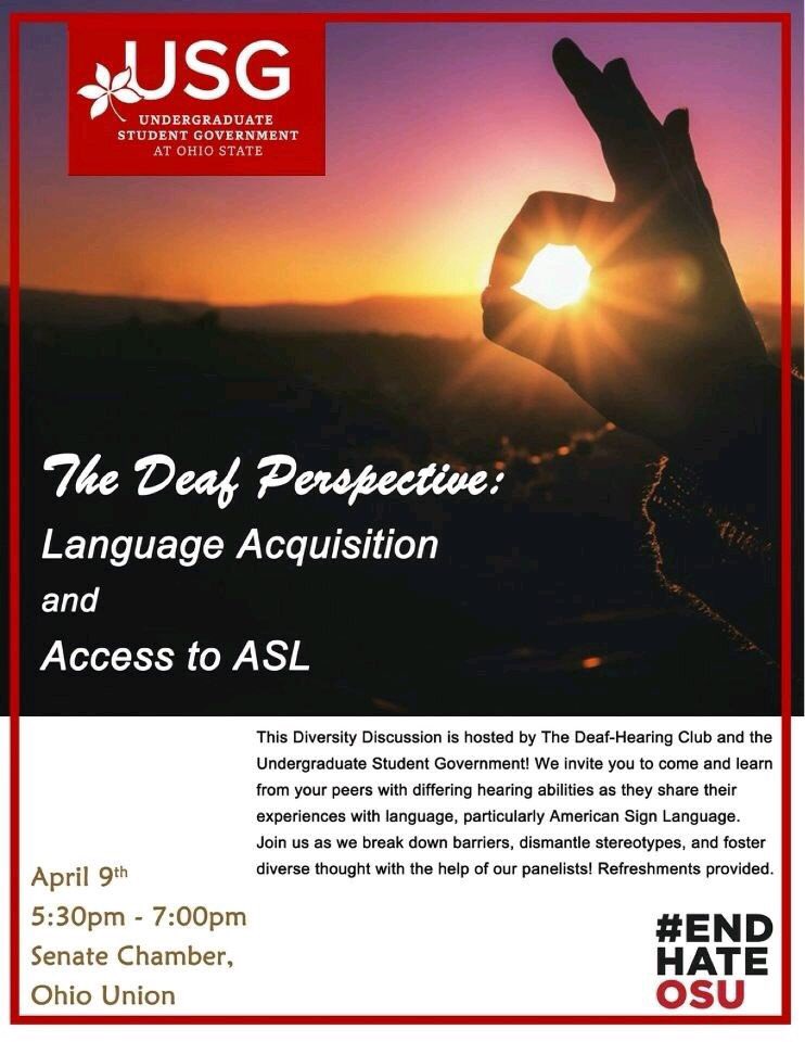 usgosu's tweet photo. Free from 5:30 to 7 tonight? Come out to the Senate Chamber of the Union to partake in a Diversity Discussion co-hosted by the Deaf-Hearing Club and USG! Refreshments will be provided! See the flyer for further details. #EndHateOSU https://t.co/km14l0HQyh