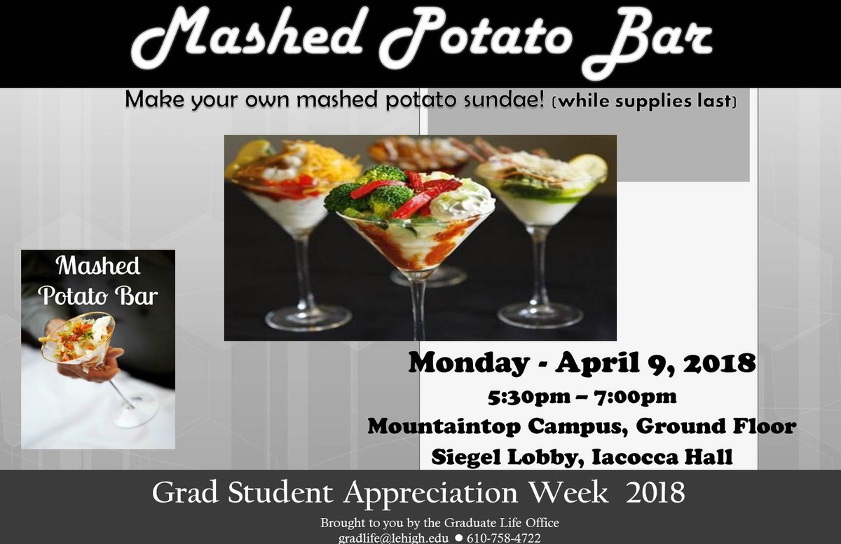 Our first Appreciation Week is in less than 1 hour at Iacocca. Come have a delicious mashed potato sundae (while supplies last!)