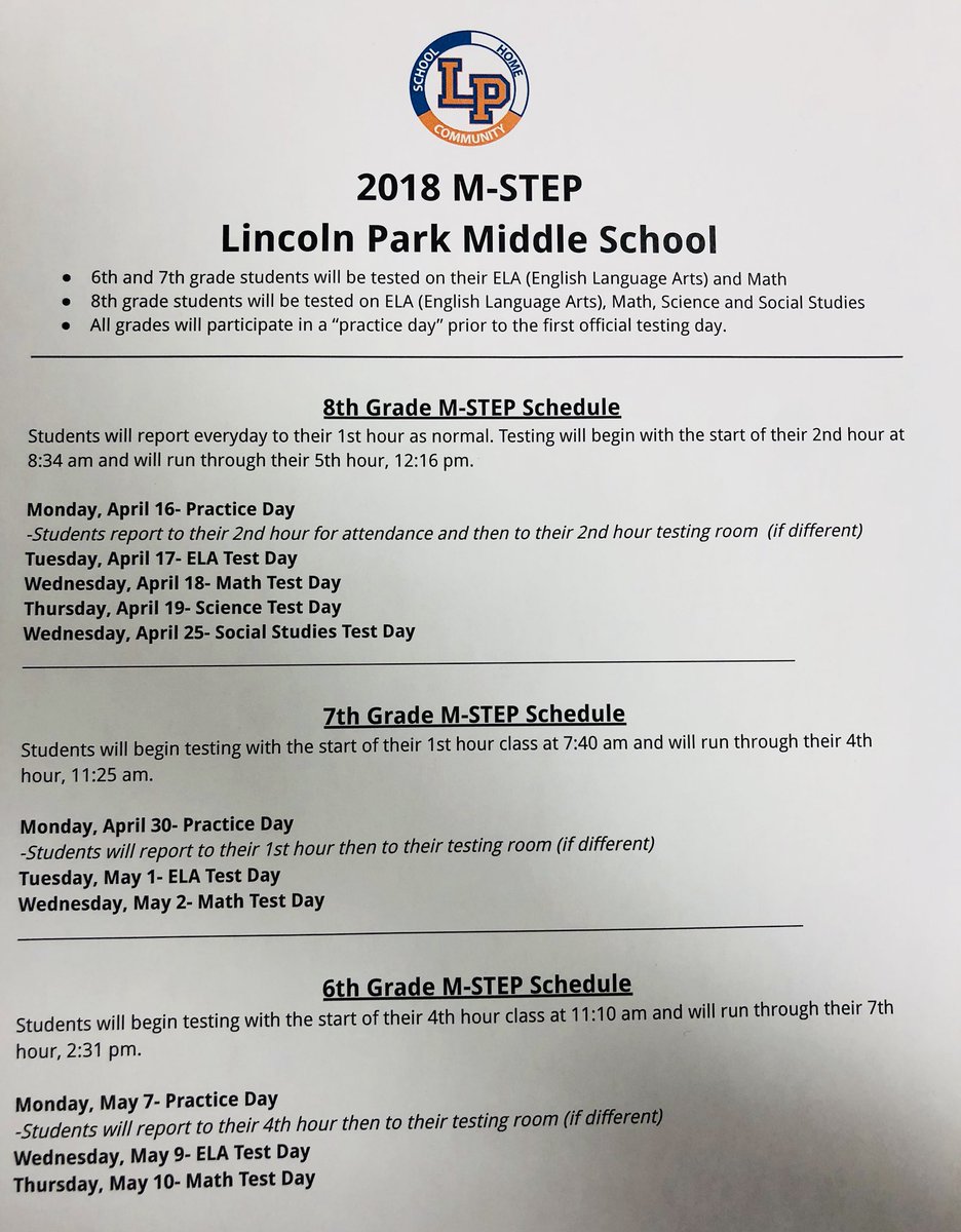MrsWask's tweet photo. 2018 M-STEP schedule for LPMS https://t.co/PhSCzc8C2Y