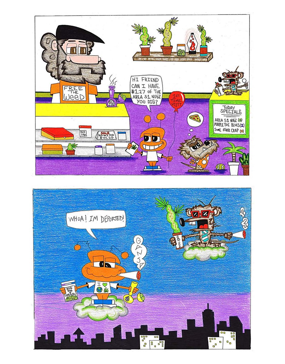 Kunzitoons's tweet photo. Good afternoon #Friends in case you missed our latest cartoon on our new website, here it is. It’s about our little Alien who loves weed and his adventure to get his medical green card. 
Hope you enjoy it and thank you💯 
#420humor #weedfun #cartoons https://t.co/7KBHAWqmX9