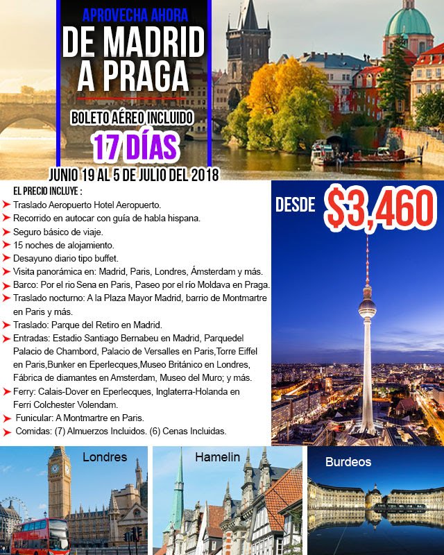 CheapTravelToGo's tweet photo. De Madrid a Praga!
17 Dias / 19 de Junio al 5 de Julio 2018
Boleto Aereo Incl. (Desde Miami)
Hoteles, Comidas, Traslados y mas.
Toll Free: 1-844-892-4317
reservations@cheaptraveltogo.com
https://t.co/WiNneasbmS
#madrid #praga #europe https://t.co/ABrvTG0jDe
