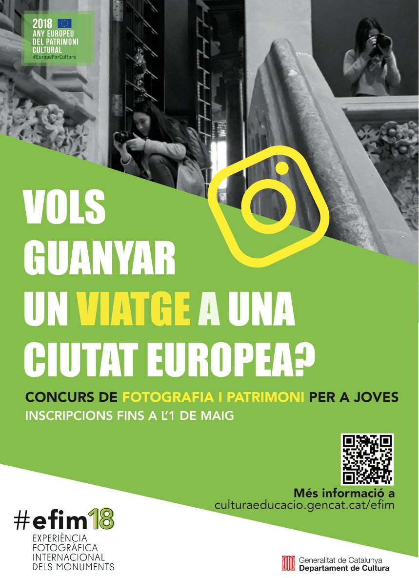 efim_cat's tweet photo. Vols guanyar un viatge a una ciutat europea? Participa a #efim18, el concurs de #fotografia i #patrimonicultural. 
📝 Inscripcions fins a l'1/05
https://t.co/uMcNxs0MBa

@joventutcat @ensenyamentcat @patrimonigencat @xtec #educació @joventutdiba https://t.co/PgJ6vl0p1T