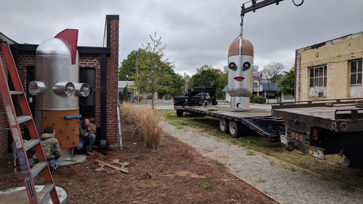 Studio2LR's tweet photo. Our robot cisterns arrived today! #robot #cistern #installation #art #repurposed #proponetanks #studio2lr #columbiasc #clarkellefson #stuyckcompany @OneColumbia https://t.co/sUKPofZ3E3