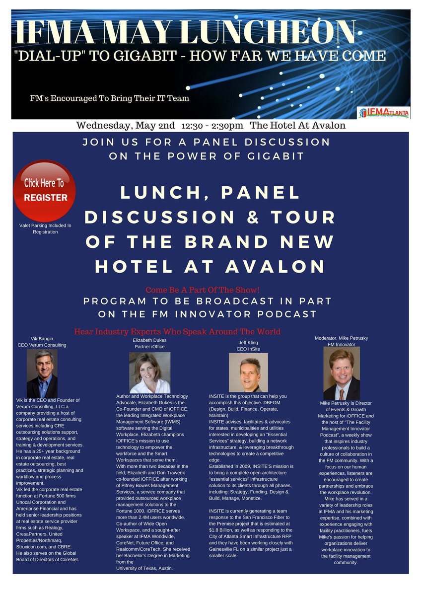 You DO NOT want to miss the May Luncheon at the brand new Hotel at Avalon...Georgia's 1st Gigabit Hotel! Hear from an amazing panel of speakers from around the country. FM's...bring your IT Team! And stay for the tour immediately following the lunch/presentation.