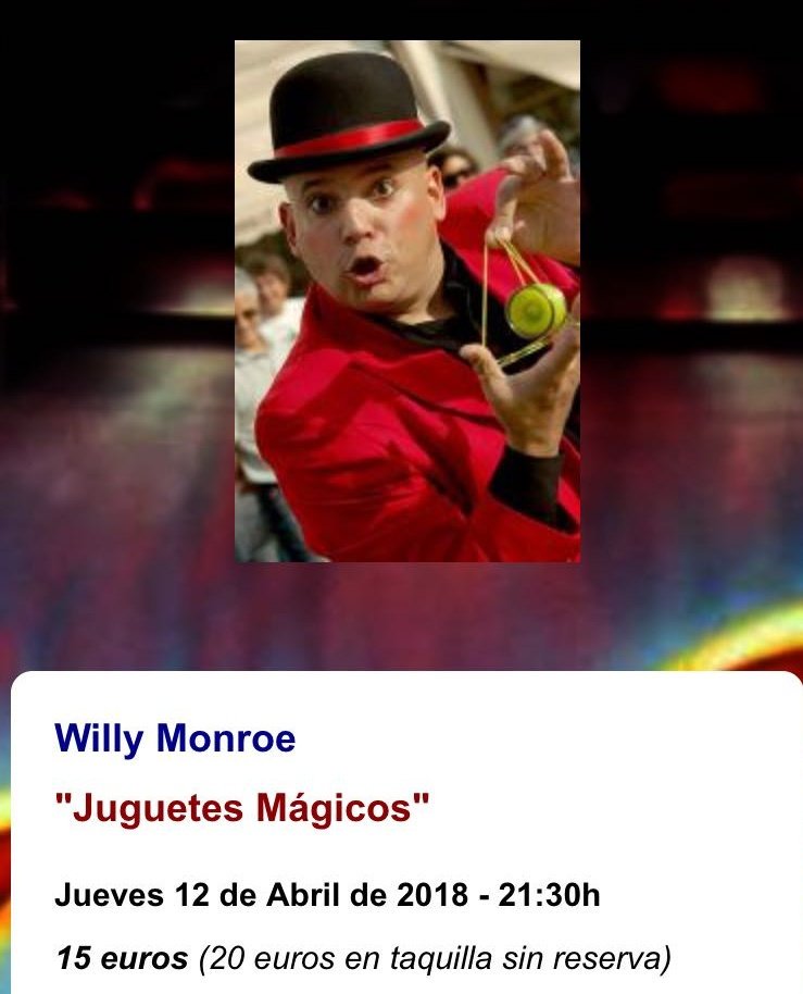 GLOBOESCULTURA's tweet photo. No os perdáis a #WillyMonroe este jueves 12 a las 21:30 en @GradaMagica con #JuguetesMágicos https://t.co/oBxl4D0D2L https://t.co/GwOG7cX39B