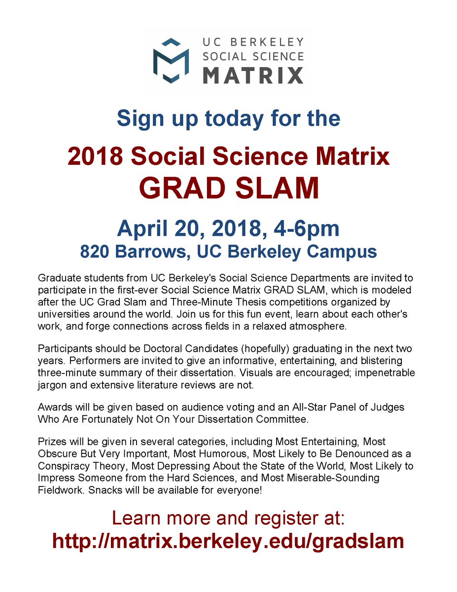 UCBHistory's tweet photo. #BerkeleyHistory doctoral candidates: @SocSciMatrix invites you to present "an informative, entertaining, and blistering three-minute summary" of your dissertation at the first-ever Matrix Grad Slam on 4/20. More info: https://t.co/lnd6I7Pd4V https://t.co/xLpuxFlEiM