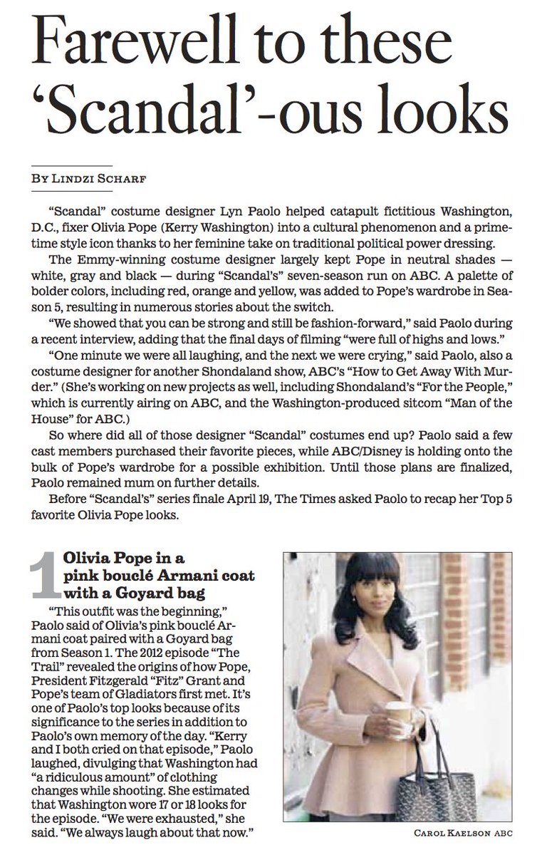 LindziScharf's tweet photo. In light of #Scandal's series finale, I spoke with @LynPaolo about her favorite #OliviaPope moments with @kerrywashington. The piece was featured in yesterday's L.A. Times: https://t.co/iZMUEOdF4b