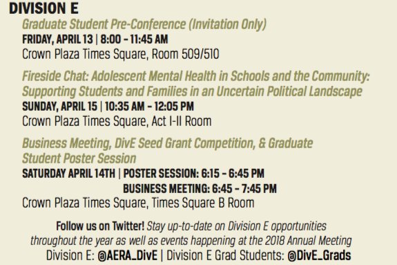 DivE_Grads's tweet photo. Hi Grads! Here's a quick 'snapshot' of some DivE happenings for Grad Students at the upcoming conference. Be on the lookout for more updates and info as we get closer. Hope to see you there! @AERA_DivE #AERA18 https://t.co/5ruGQLd9oL