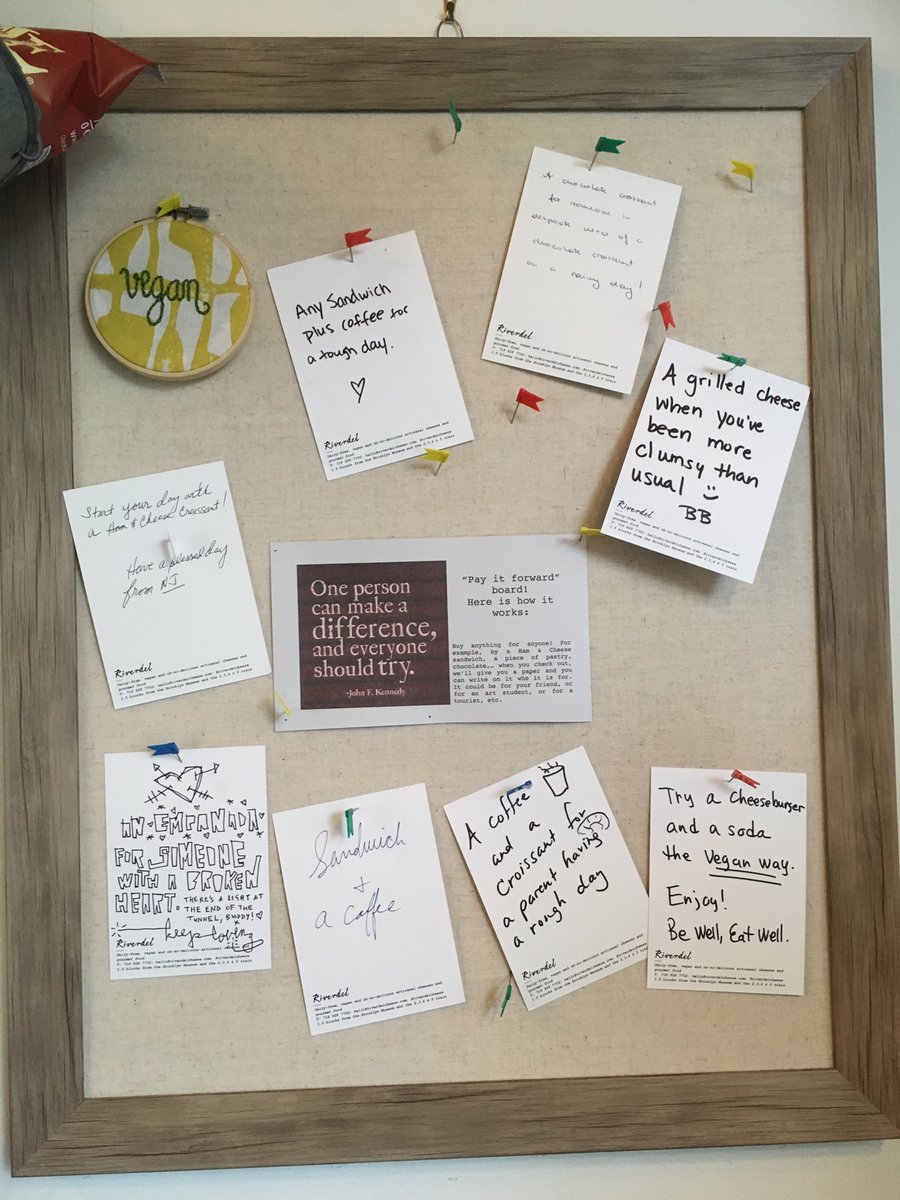 Dermalogicajane's tweet photo. Saw this ‘pay it forward’ board at vegan cafe, Riverdal, in Brooklyn &amp; loved it. Buy a food item for someone who needs a little comfort from a stranger. You can designate the reason such as ‘..if you are having a hard time after a break up ..’ Great neighborhood sharing the love! https://t.co/WW1GX3j385