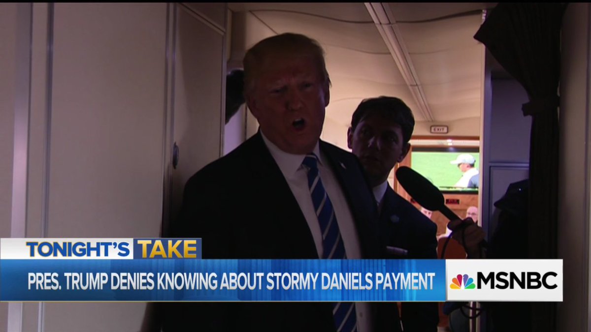 intradue's tweet photo. Did anyone else notice the golf game playing in the background while Trump is telling reporters to go "ask Michael Cohen"? Keeping it low key in a crisis. #michaelcohenraid #Masters18 #Golf #passthebuck https://t.co/niZfFlSKbe
