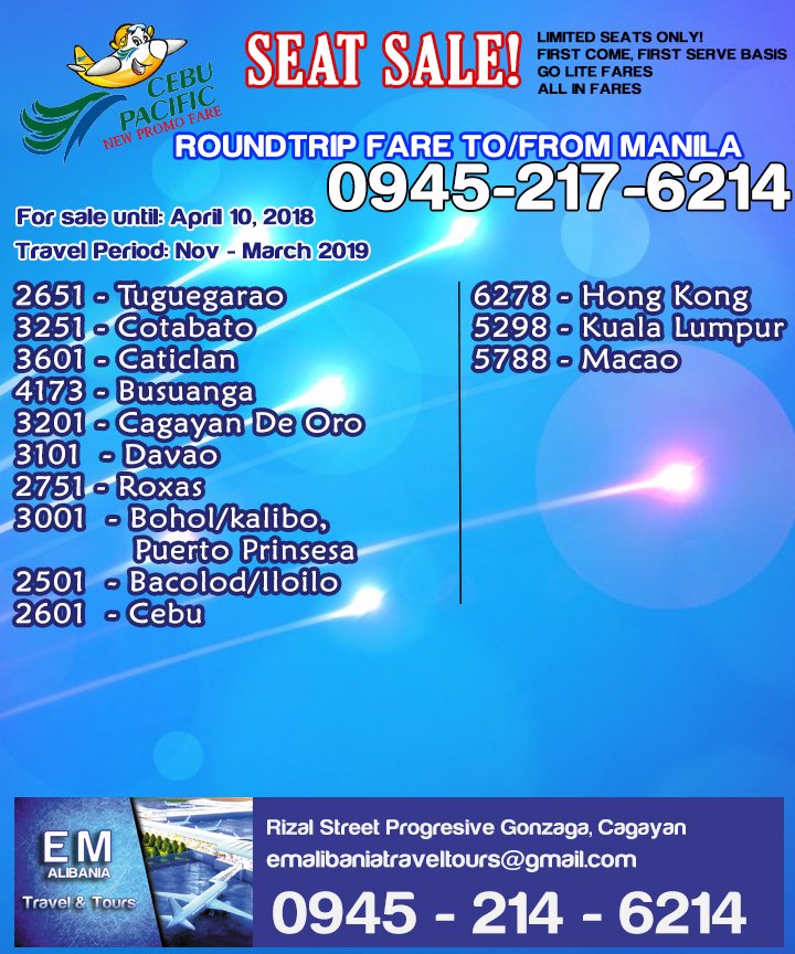emtraveltours1's tweet photo. EM Travel and Tours✈️🌏
 0945 217 6214📳
 🔥SALE til APRIL 10, 2018🔥
 🕝Travel period: Nov. 2018 - March 2019🕝
 🔃Roundtrip to/from MNL🔃 https://t.co/CDxkT02ac9
