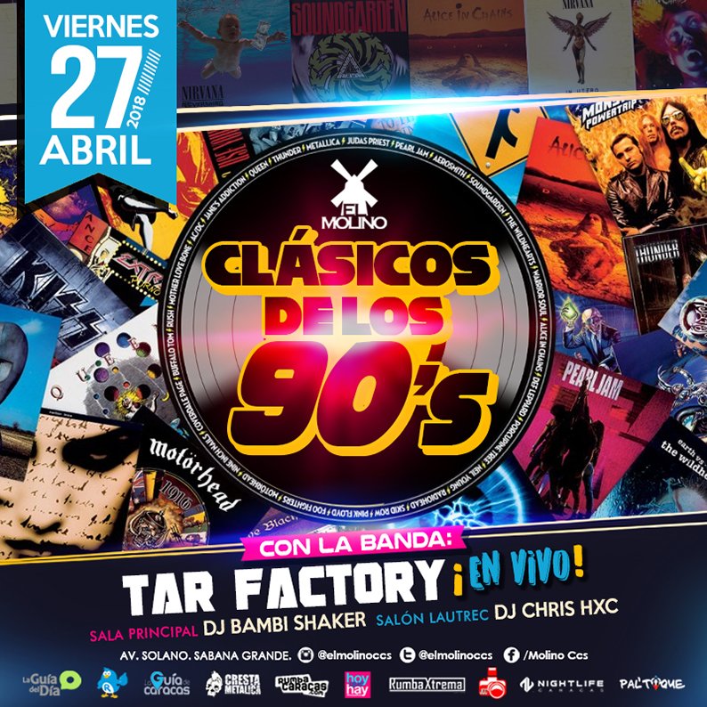 ElMolinoCcs's tweet photo. Mañana, viernes #27abril, disfrutarás y cantarás aquellos buenos #ClásicosDeLos90s con la banda #TarFactory / @BandaTabako en vivo! 9⃣0⃣ 🤘🎤🎸🎶 Descarga en nuestros dos buenos ambientes musicales. ¡Todos los ritmos que te gustan hasta el amanecer! https://t.co/2zjR1KJk47