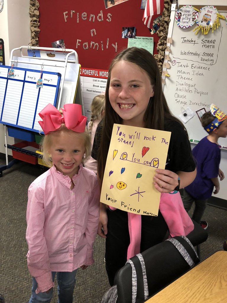 Mrelibrarygirl's tweet photo. Kindergarteners made cards with words of encouragement for all our 4th and 5th grade friends that will be taking the STAAR test this week!  @WeAreMRE #MPACT https://t.co/xh1y4Wsvny