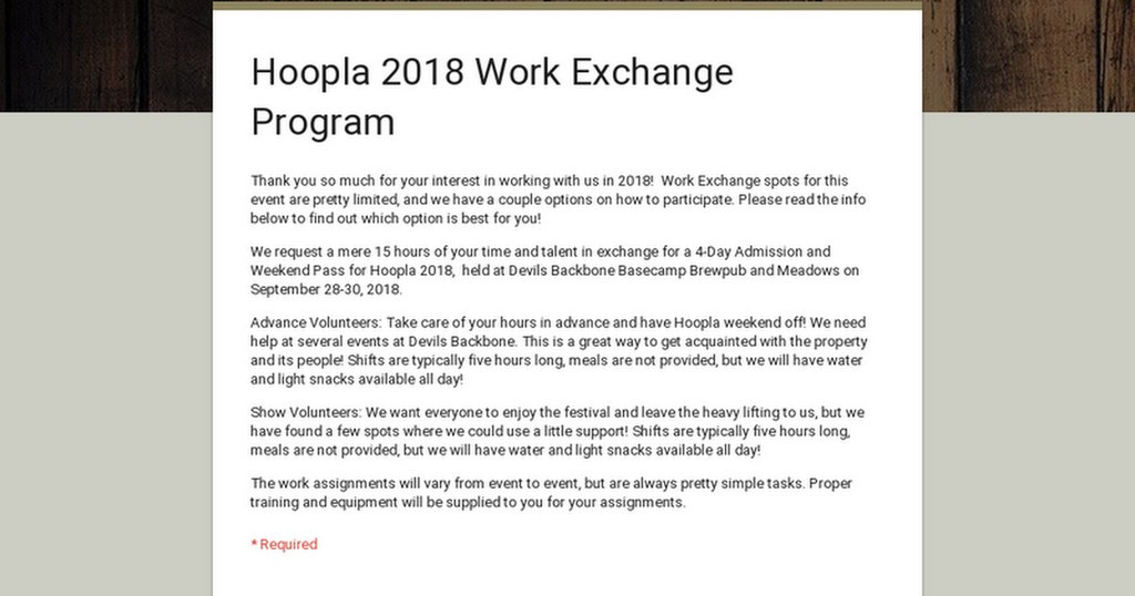 Earn your ticket to Devils Backbone Hoopla through our Hoopla Work Exchange program! Join the 2018 Hoopla Work Exchange Program and earn your ticket with talent and time! We request a mere 15 hours in exchange for a Hoopla Music & Adventures Pass with… ift.tt/2v2Wca4