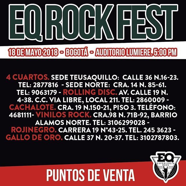 Panas en #Bogota !!! Busquen sus entradas al #eqrockfest en estos puntos de venta ☝️☝️☝️Esperamos ver a todos nuestros amigos el 18 de mayo con #ANIMAL y @cadaveres_podridos 👊 <a href="/eqstudio/">jimmyhan</a> ift.tt/2IFW2XY