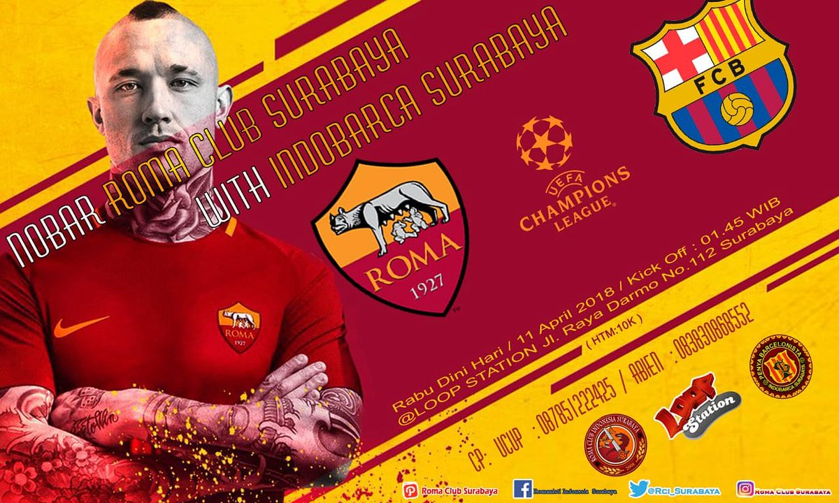 Nobar UCL
<a href="/RCI_Surabaya/">Romanisti Surabaya</a> w/ <a href="/INDOBARCA_SBY/">INDOBARÇA CHAPTER SURABAYA</a> 

Rabu, 11 ApriL 2018
KO 01:45 WIB
@loopstation_sby 

CP: bang ucup 0878-5122-2425

Cc: <a href="/M_muhid15/">Muhid</a> <a href="/RomaIndonesia/">Roma Club Indonesia</a> 

Ramekno yo rwekk nobare..