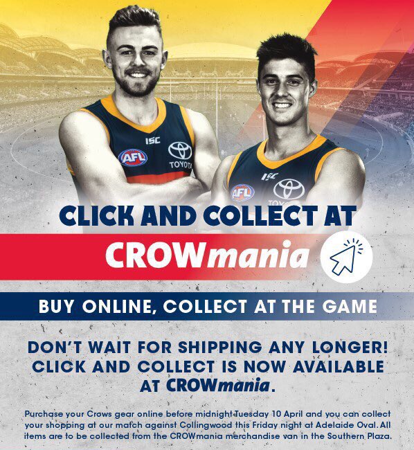 Crowmaniastore's tweet photo. Click and Collect now available at CROWmania! Buy online today and collect at Adelaide Oval on Friday night! #weflyasone 
https://t.co/oDNqJxzIXK https://t.co/Nl3hKt12Y5