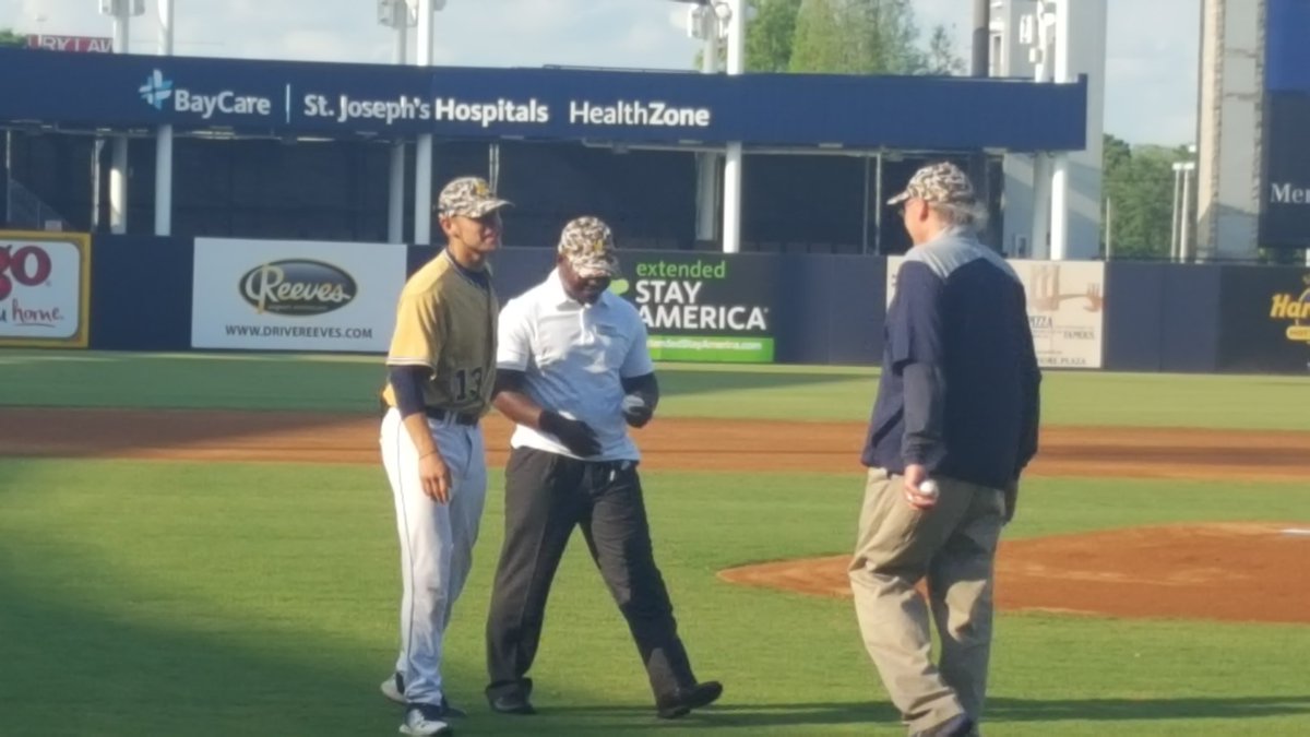 HinesEntVet's tweet photo. I got to throw the first pitch to honor vets at the HCC baseball game today at Steinbrenner field. Thanks @BaseballHCC https://t.co/yZ0MtZZlHh