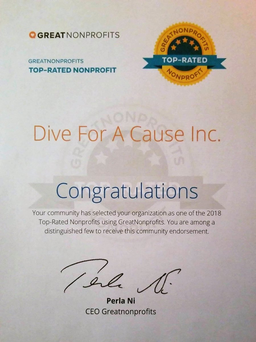 DiveForACause's tweet image. Congratulations Dive For A Cause Inc.  Your community has selected your organization as one of the 2018 Top-Rated Nonprofits using GreatNonprofits. You are among a distinguished few to receive this community endorsement