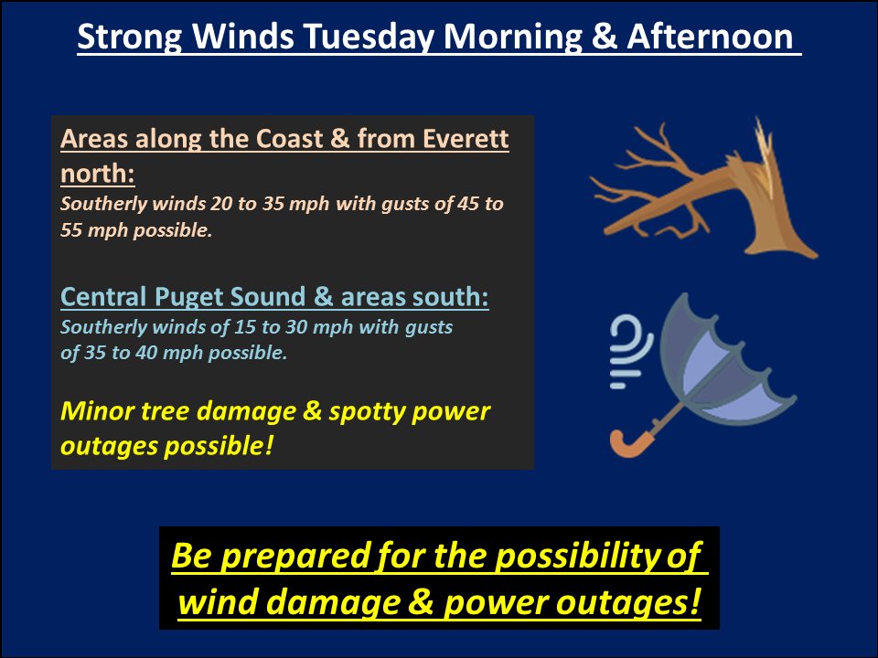 Wet &amp; Windy Tue. Strongest winds Coast &amp; interior areas from #Everett north (southerly 20-35, gusts 45-55mph possible). Other areas incl #Seattle will see southerly 15-30 gusts 35-40mph. Minor tree damage &amp; spotty power outages possible. #WAwx