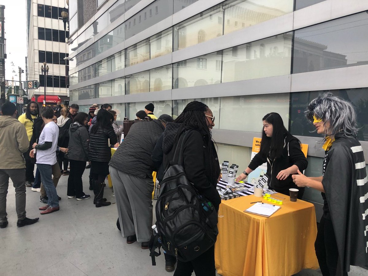VisionZeroSF's tweet photo. We had such a great time at #Walk2WorkDay last week! 🚸 Shoutout to @walksf for organizing a fantastic event celebrating our streets. 🎉 The #VisionZeroHero had a blast talking about #safestreets, and was proud to see everyone taking the pledge! https://t.co/UqMYTFqUrK