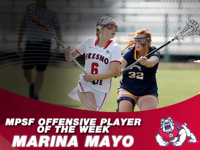 fresnostatelax's tweet photo. Congratulations to sophomore midfielder Marina Mayo for @MPSFLacrosse conference offensive player of the week! #GoDogs #FSU534 https://t.co/aszWrLTgwe