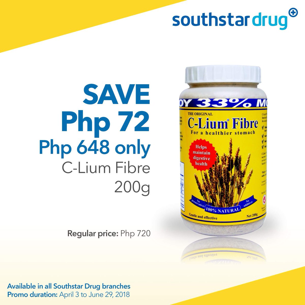 Achieve better overall health naturally with C-lium fibre. Only C-Lium Fibre contains 5 grams of pure 100% natural psyllium fibre in every dose (the equivalent to 45 grams of oats). Get yours now and save Php 72 for every purchase.