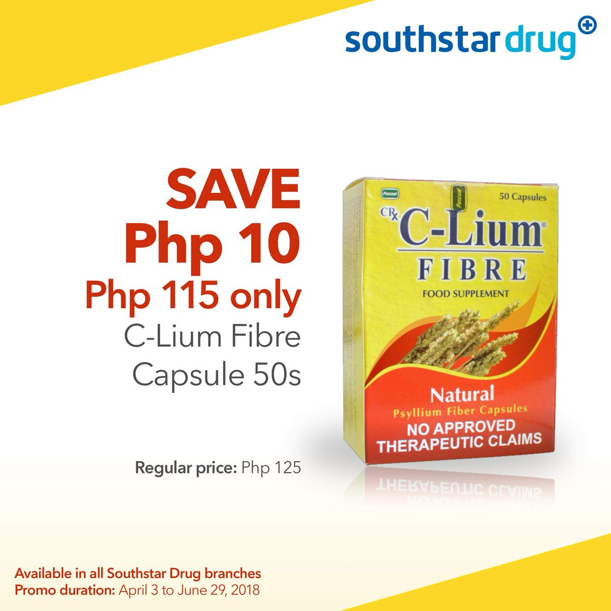 Enjoy a heart-healthy lifestyle the all-natural way with a healthy fibre intake with C-lium Fibre capsule. Get yours now and save Php 10 for every purchase.